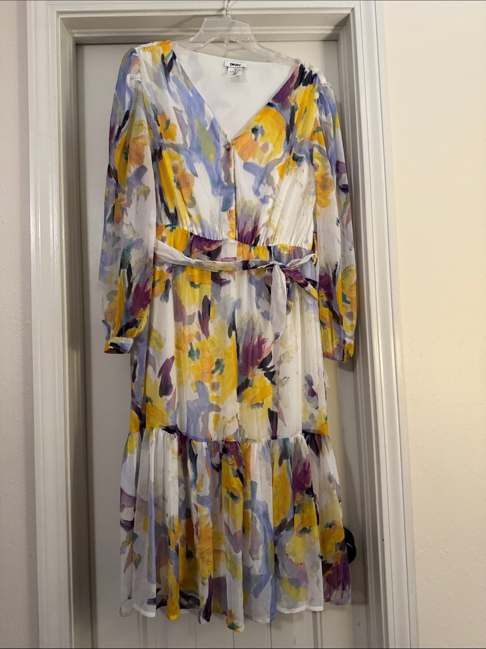 Floral V-Neck Midi Dress with Tie Waist - White/Yellow/Purple